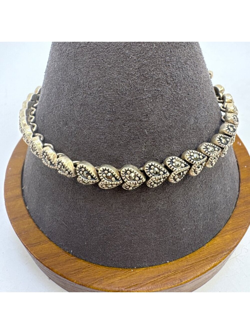 Marcasite Heart Link Chain Bracelet Sterling Silver 925 Size 7.75" Length